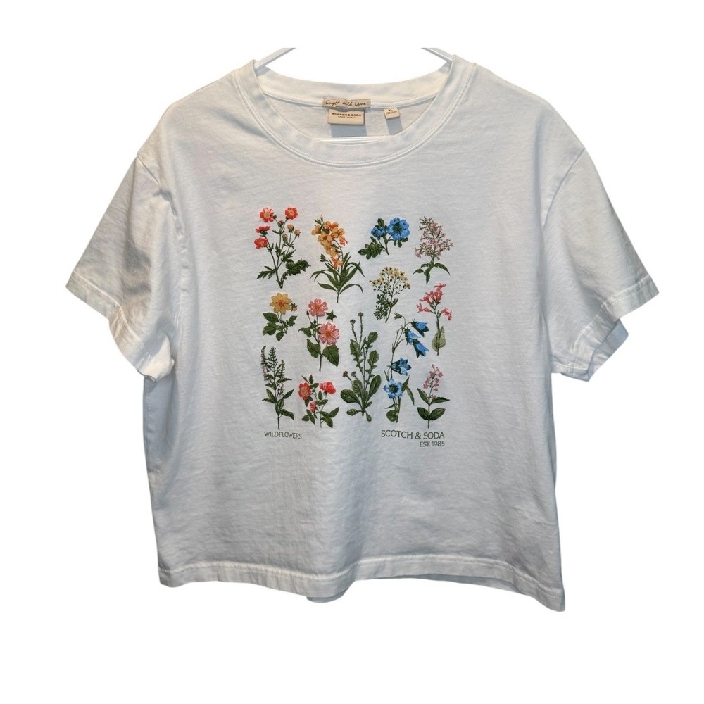 Scotch & Soda Womens White Wildflowers Graphic Tee T Shirt XL Casual Travel